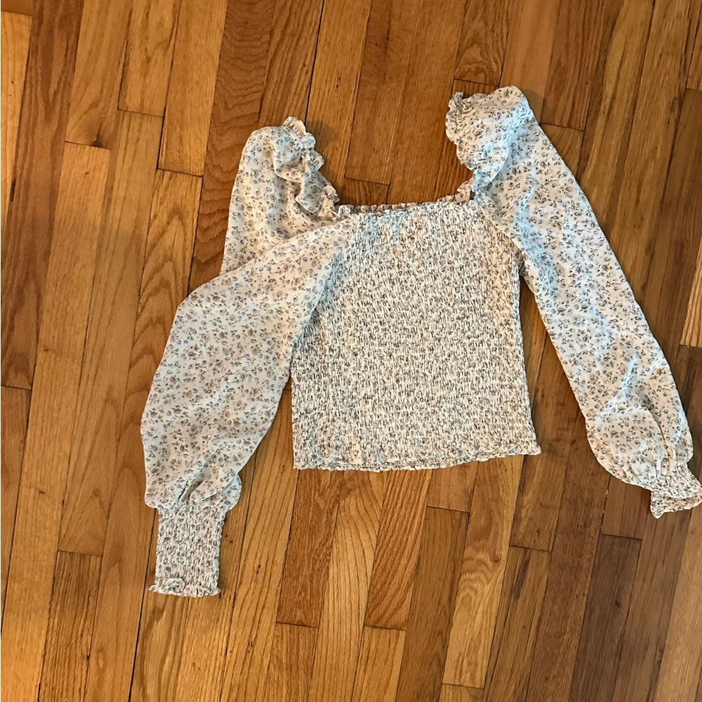 Commense Floral Puff Sleeve Ruched Blouse